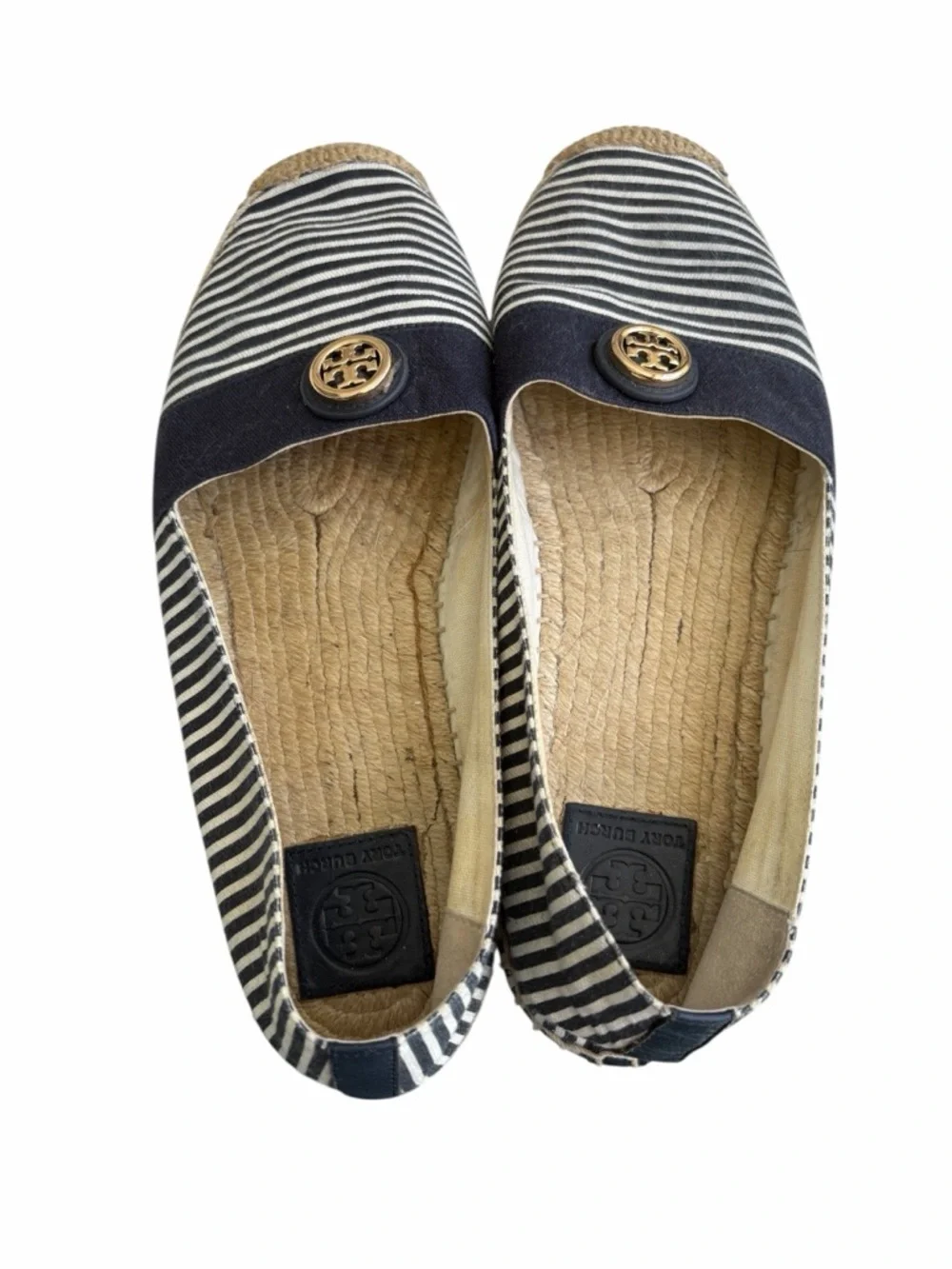 Tory Burch navy / white stripe espadrilles with gold logo